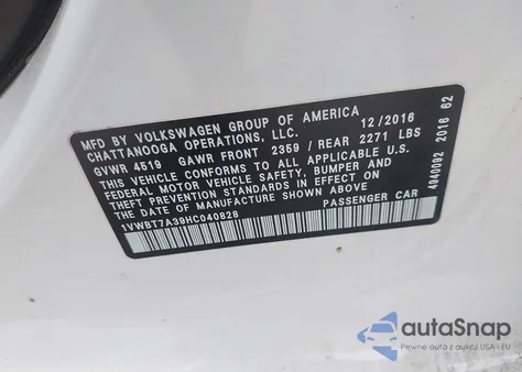 2017 Volkswagen Passat 1.8T Se from USA, damaged, VIN 1VWBT7A39HC040828